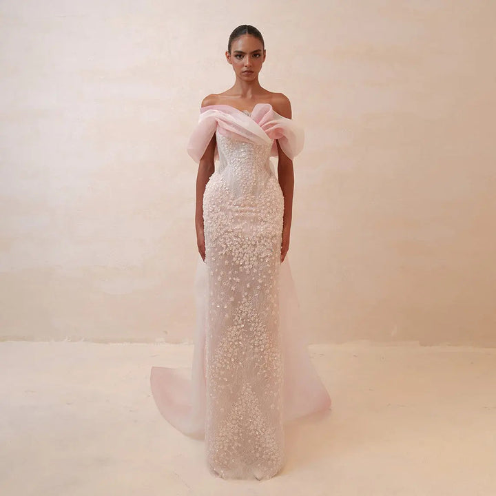 Luxury Blush Pink Ombre Off Shoulder Beaded Evening Dress with Train SS519