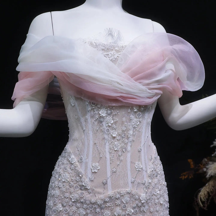 Luxury Blush Pink Ombre Off Shoulder Beaded Evening Dress with Train SS519