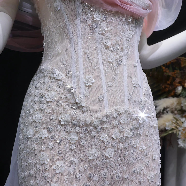 Luxury Blush Pink Ombre Off Shoulder Beaded Evening Dress with Train SS519