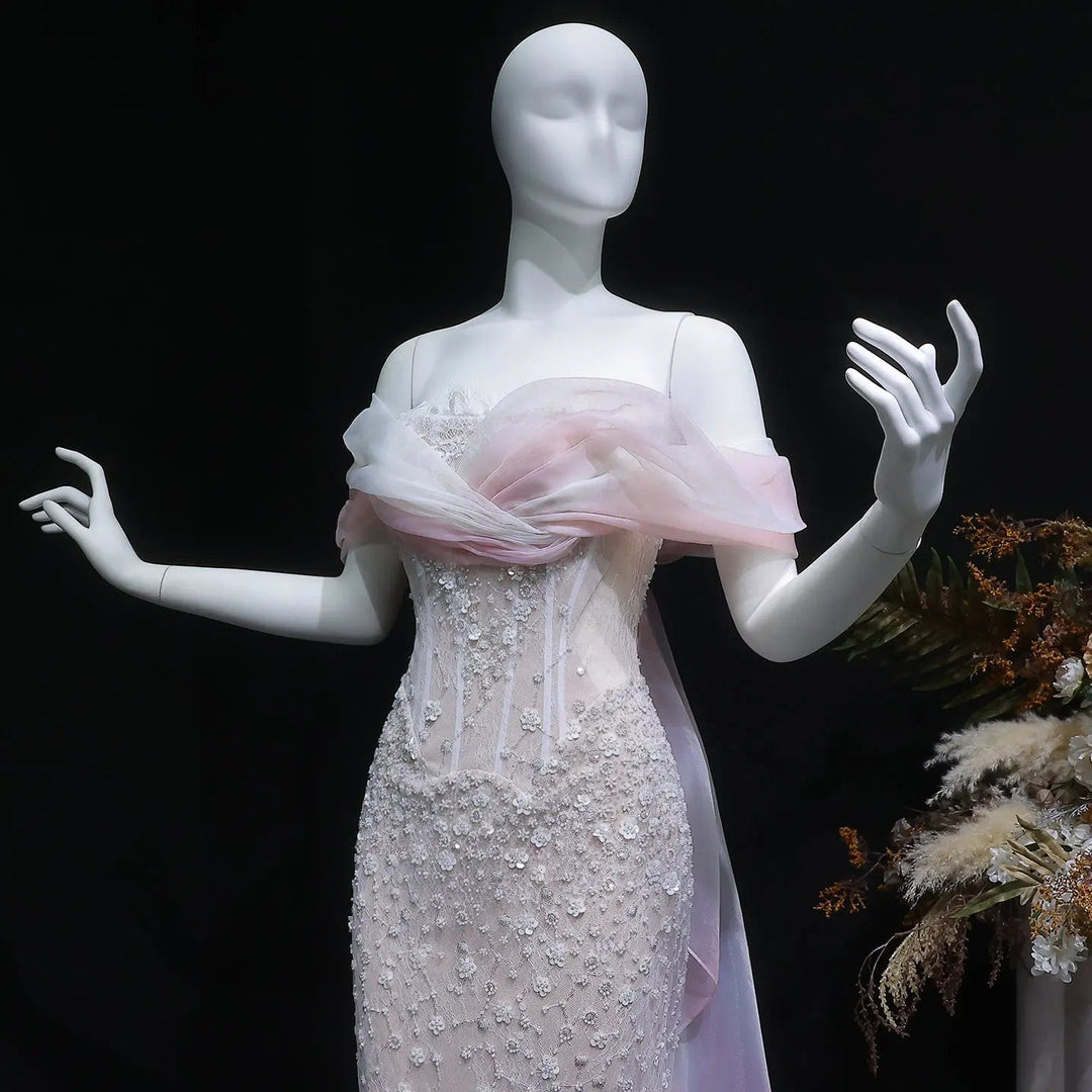 Luxury Blush Pink Ombre Off Shoulder Beaded Evening Dress with Train SS519