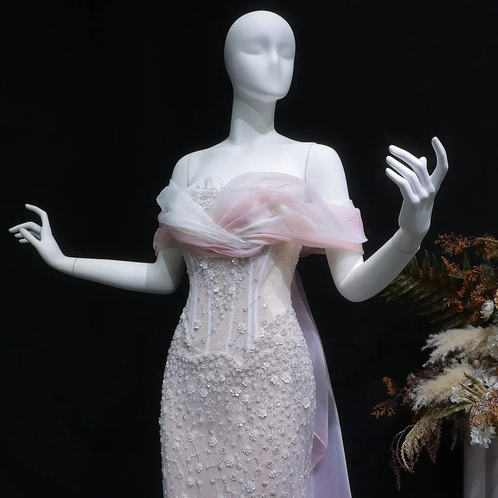 Luxury Blush Pink Ombre Off Shoulder Beaded Evening Dress with Train SS519