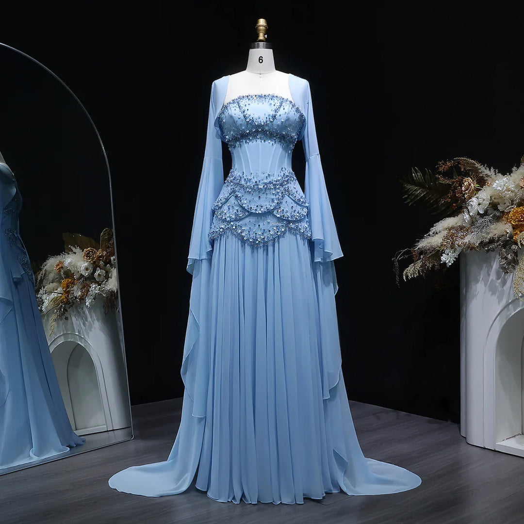 Luxury Pearls Tassel Blue Evening Dress with Flowing coat SS286