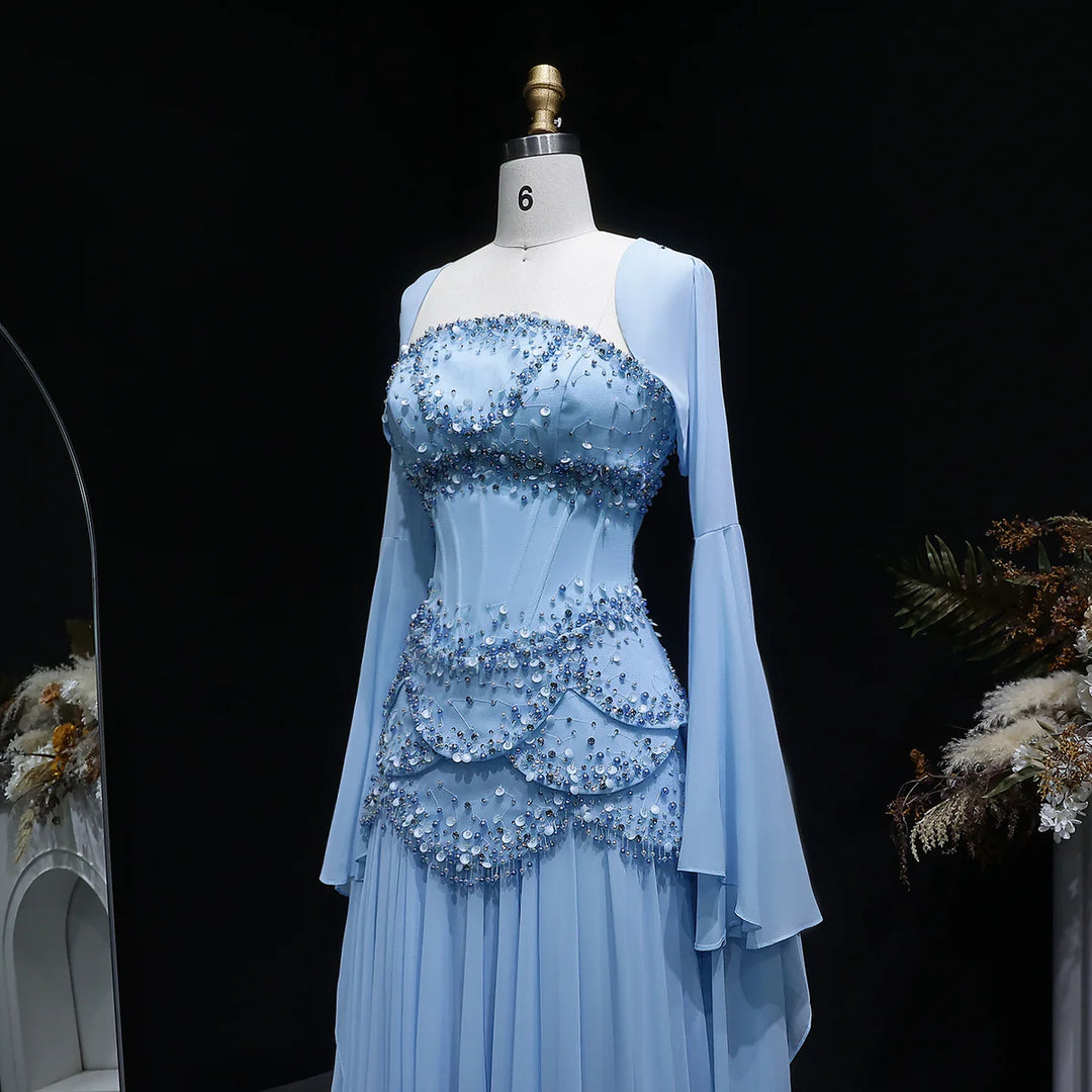 Luxury Pearls Tassel Blue Evening Dress with Flowing coat SS286