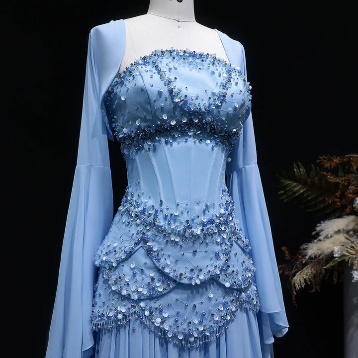 Luxury Pearls Tassel Blue Evening Dress with Flowing coat SS286