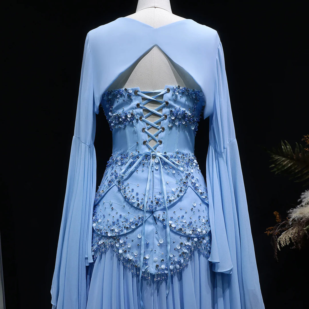 Luxury Pearls Tassel Blue Evening Dress with Flowing coat SS286