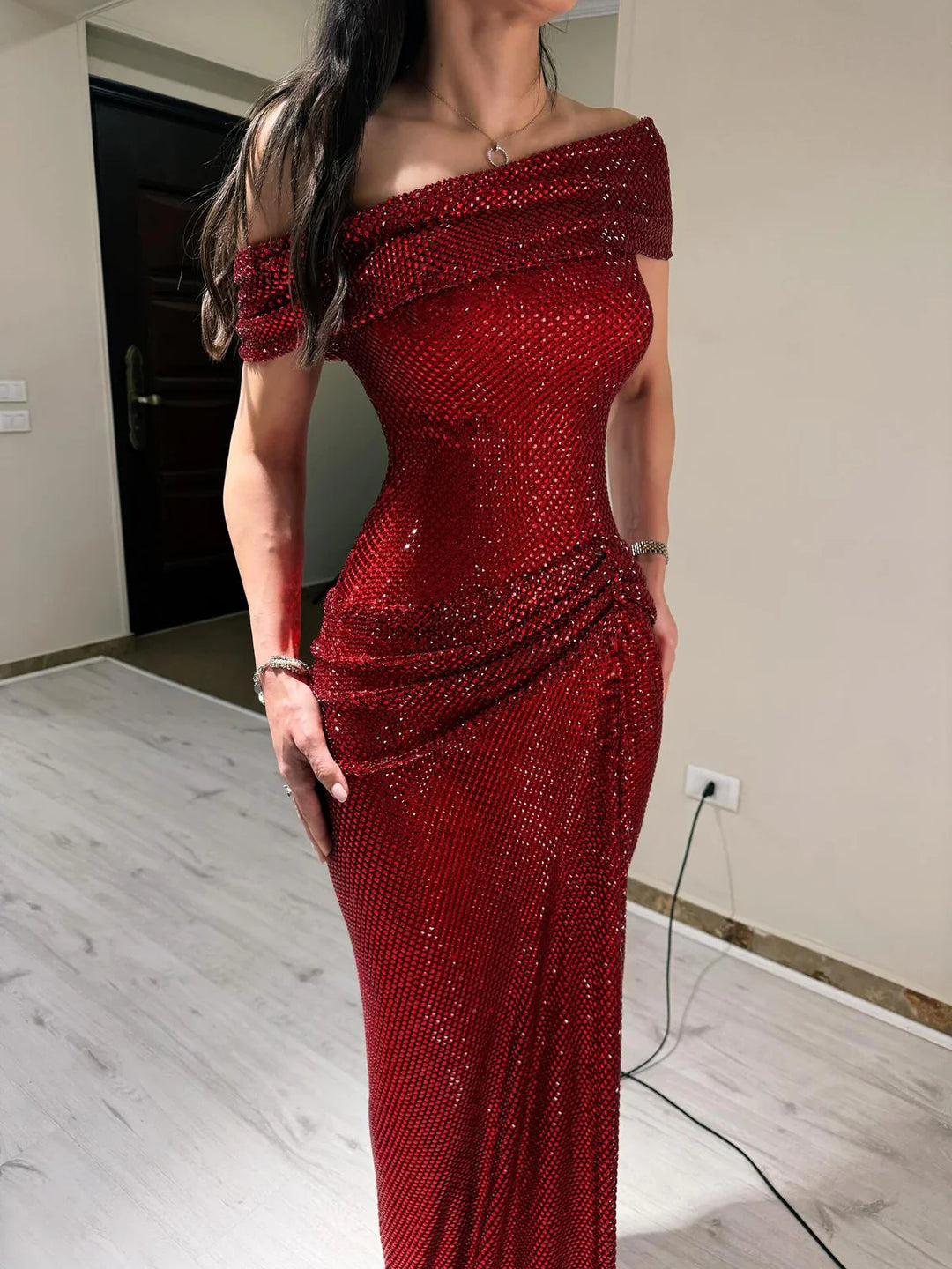 Elegant Wine Red Sparkle Off-Shoulder Slim Evening Dress SS670