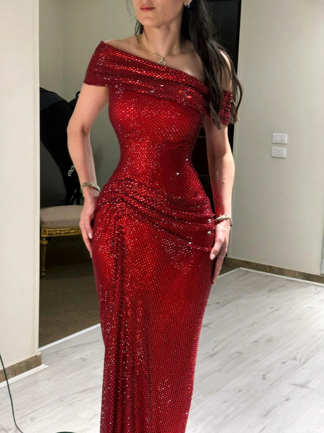 Elegant Wine Red Sparkle Off-Shoulder Slim Evening Dress SS670