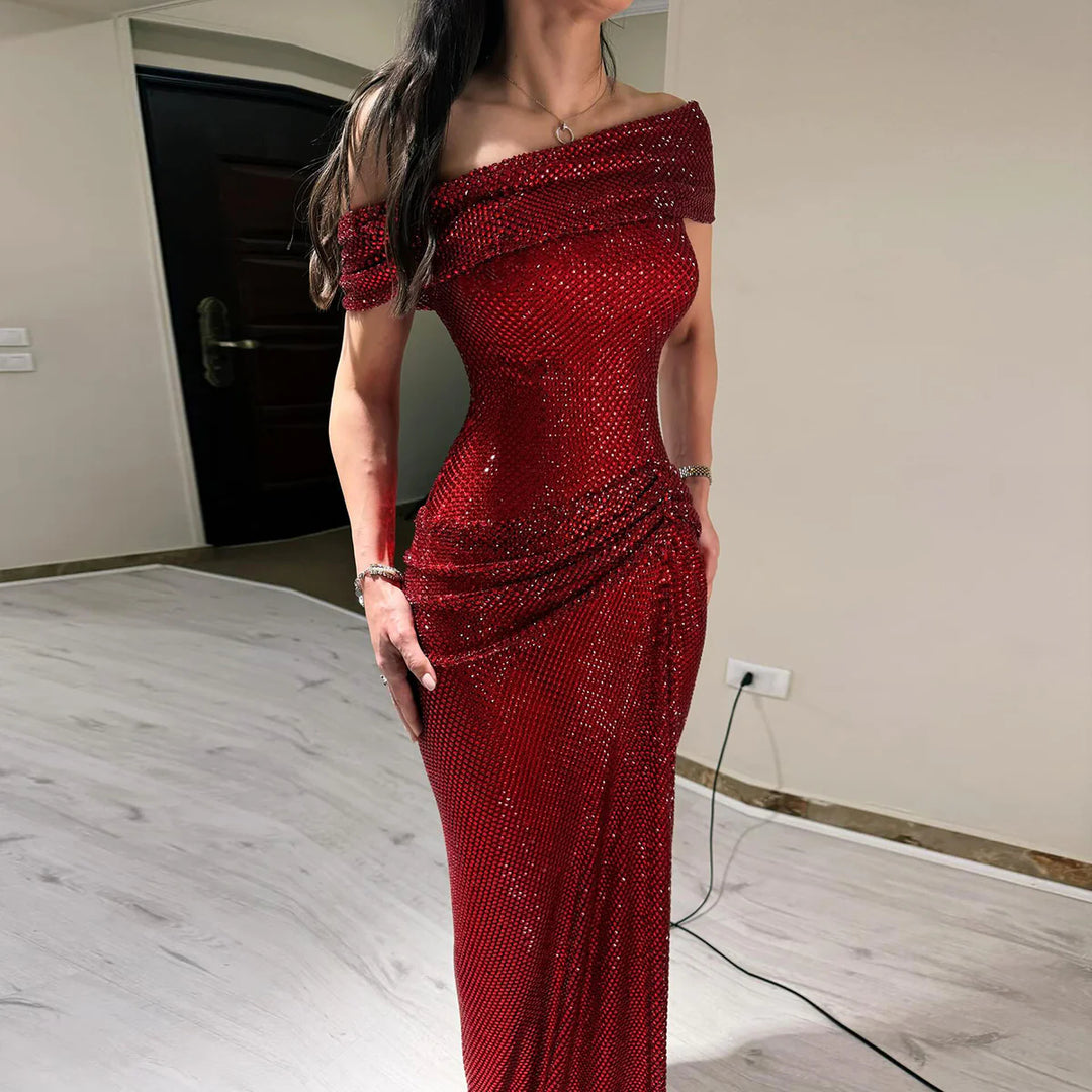 Elegant Wine Red Sparkle Off-Shoulder Slim Evening Dress SS670