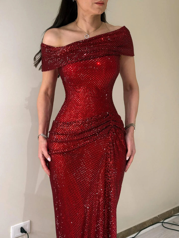Elegant Wine Red Sparkle Off-Shoulder Slim Evening Dress SS670