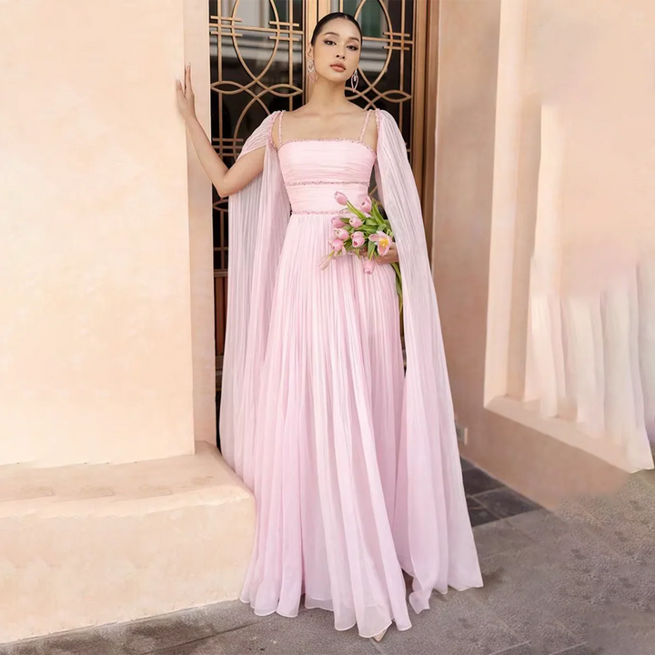 Elegant Pink Chiffon Evening Dress with Flowing Cape Sleeves SF188