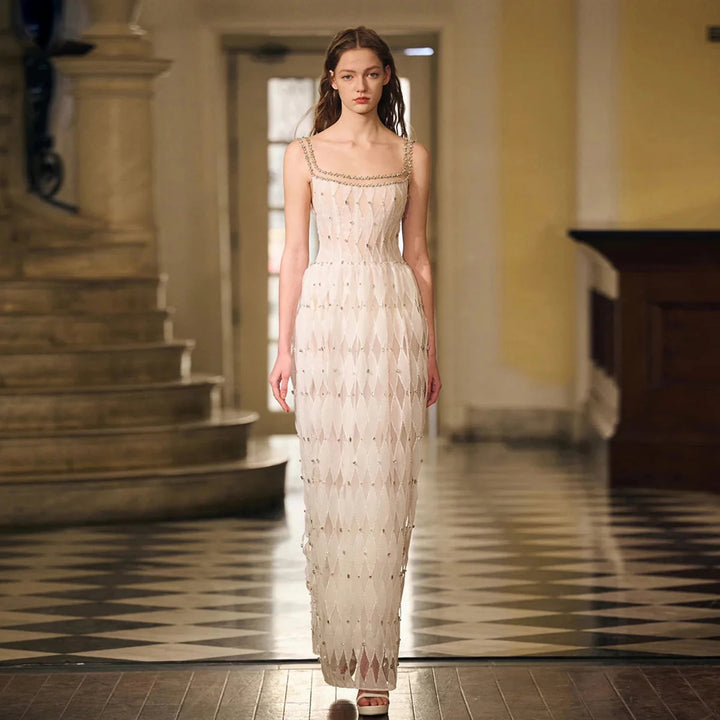 Elegant Crystal White Midi Square Neckline Dubai Evening Dress SS058