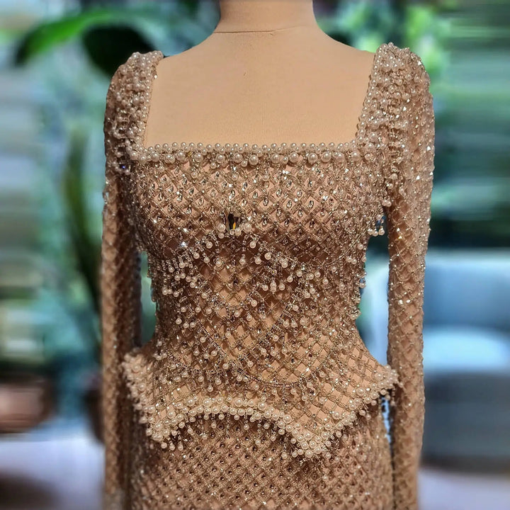 Sophisticated Gray Crystal Evening Dress with Sleek Long Sleeves SS633