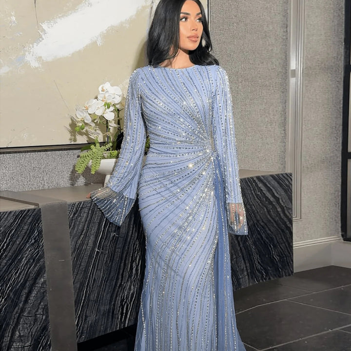 Luxury Gray Blue Long Sleeve Evening Dress with Swirl Beading SS113
