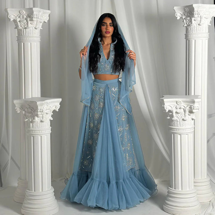 Elegant Blue Two-Piece Beaded Evening Gown with Ruffle Skirt SS597