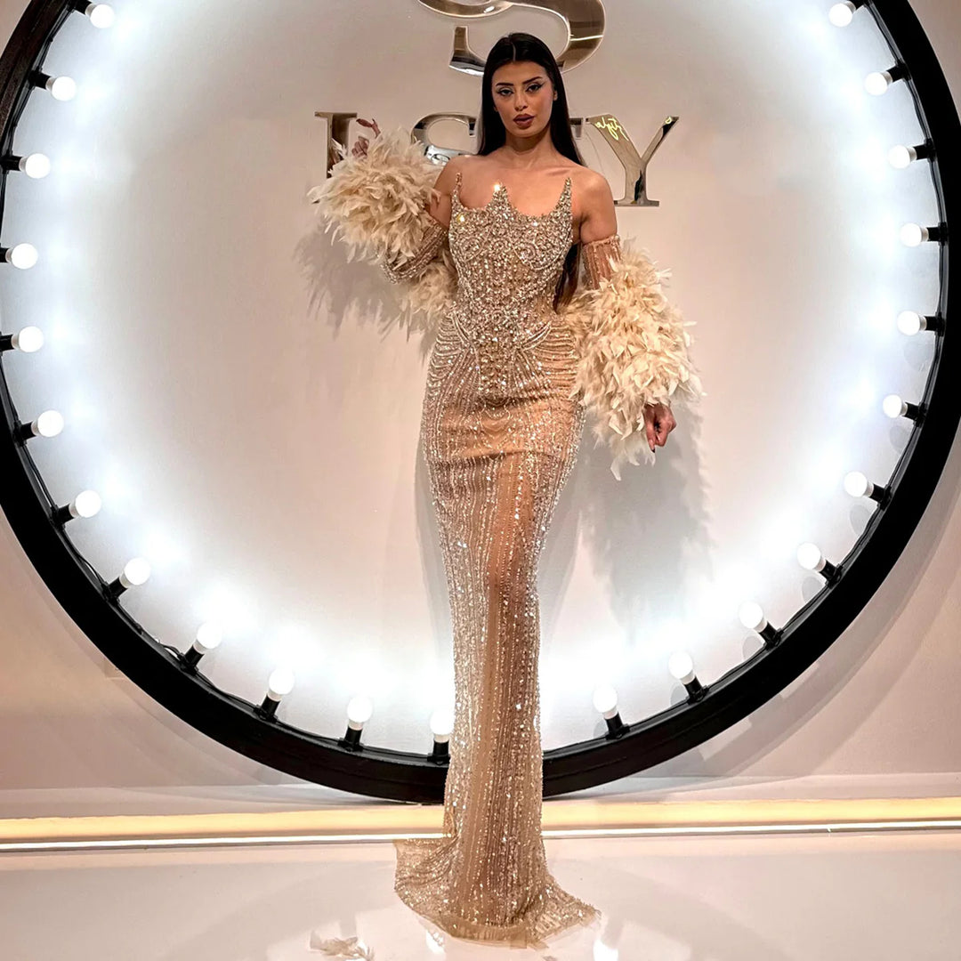 Luxury Champagne Beaded Evening Dress with Feather Shawl SS067