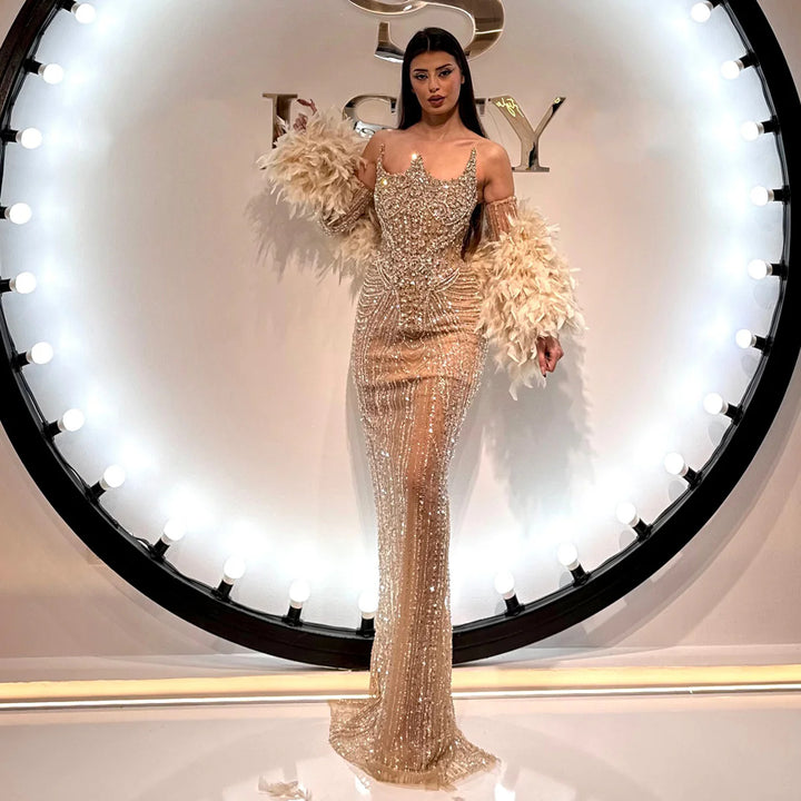 Luxury Champagne Beaded Evening Dress with Feather Shawl SS067