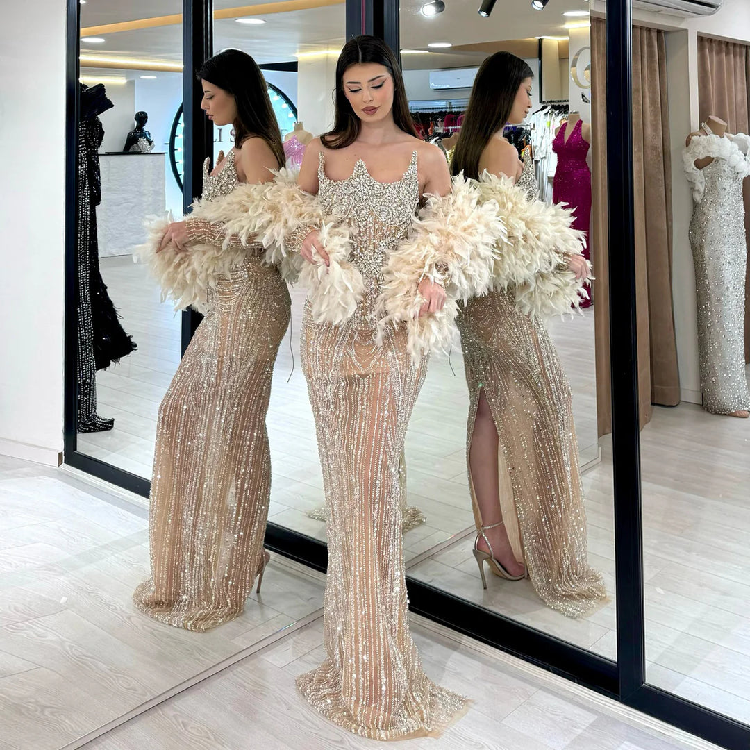 Luxury Champagne Beaded Evening Dress with Feather Shawl SS067