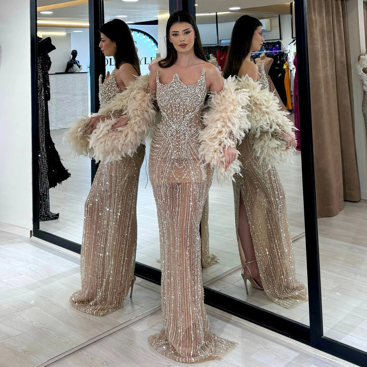 Luxury Champagne Beaded Evening Dress with Feather Shawl SS067
