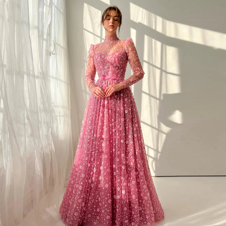 Romantic Pink 3D Floral Ruffled Evening Dress SS700