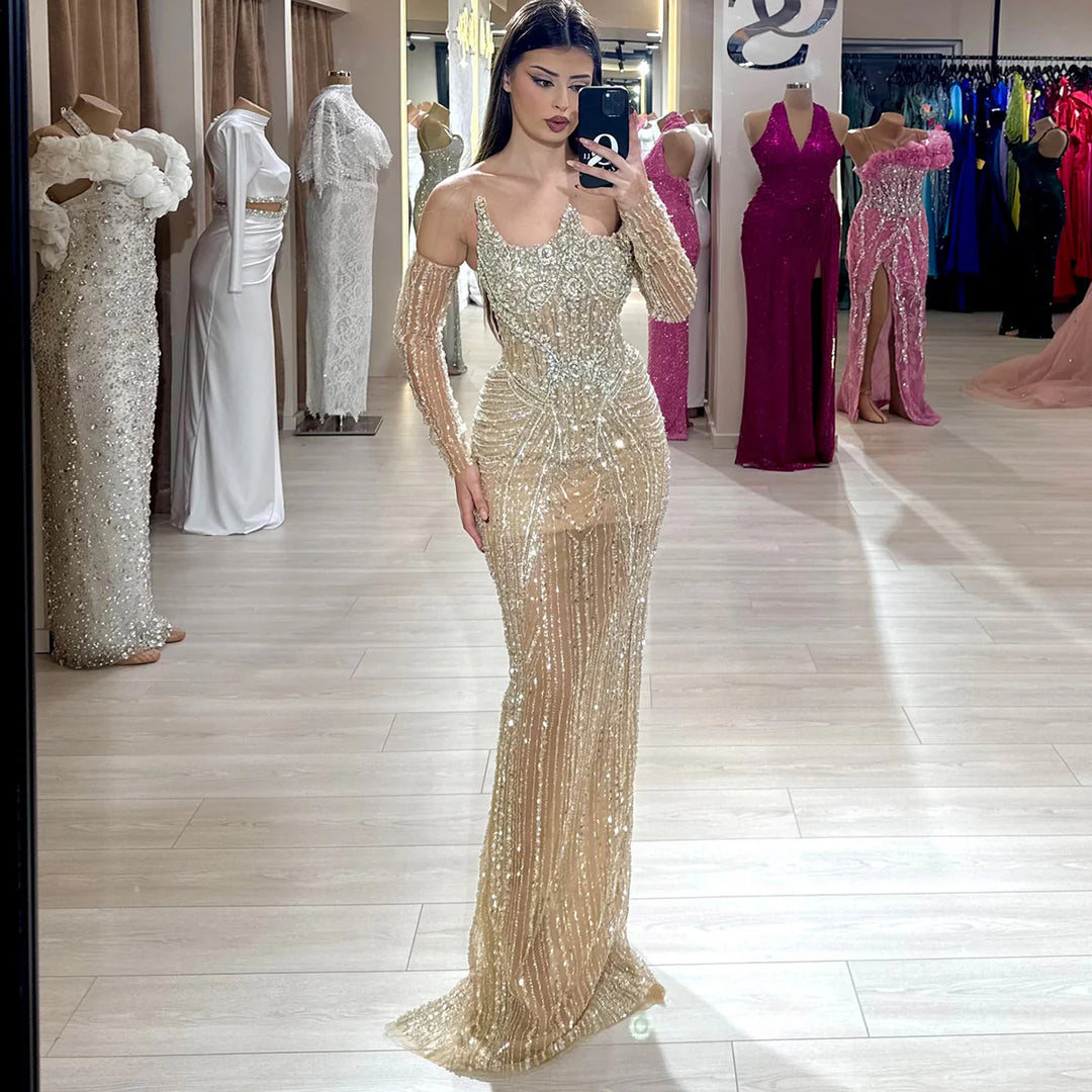 Luxury Champagne Beaded Evening Dress with Feather Shawl SS067