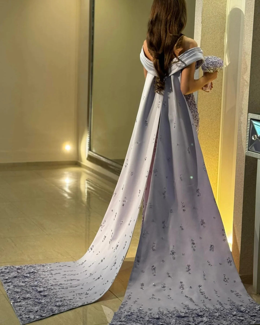 Elegant Lilac Mermaid Evening Dress with Crystal Details and Overskirt SS555