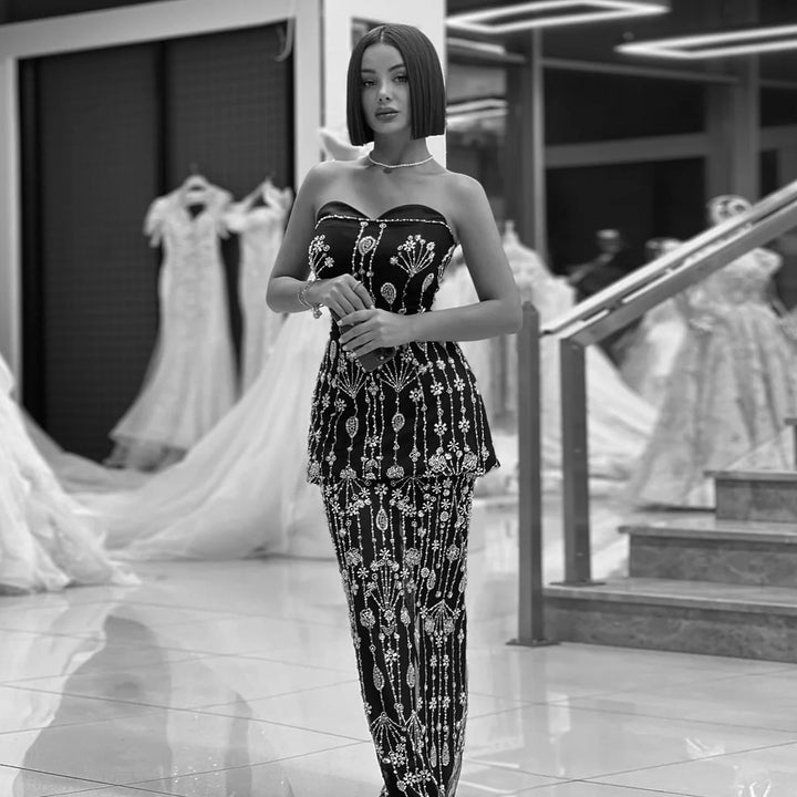 Elegant Black Strapless Evening Dress with Beaded Peplum Overlay SS635