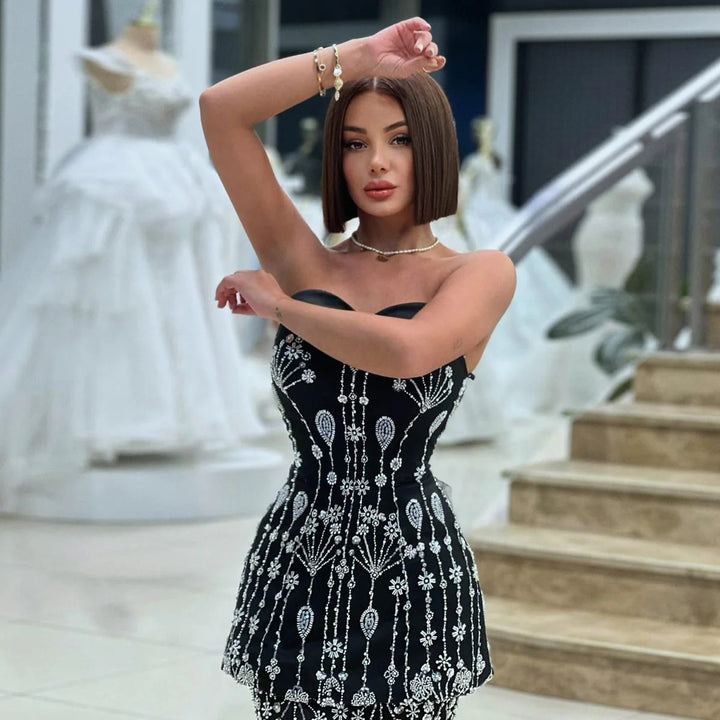 Elegant Black Strapless Evening Dress with Beaded Peplum Overlay SS635