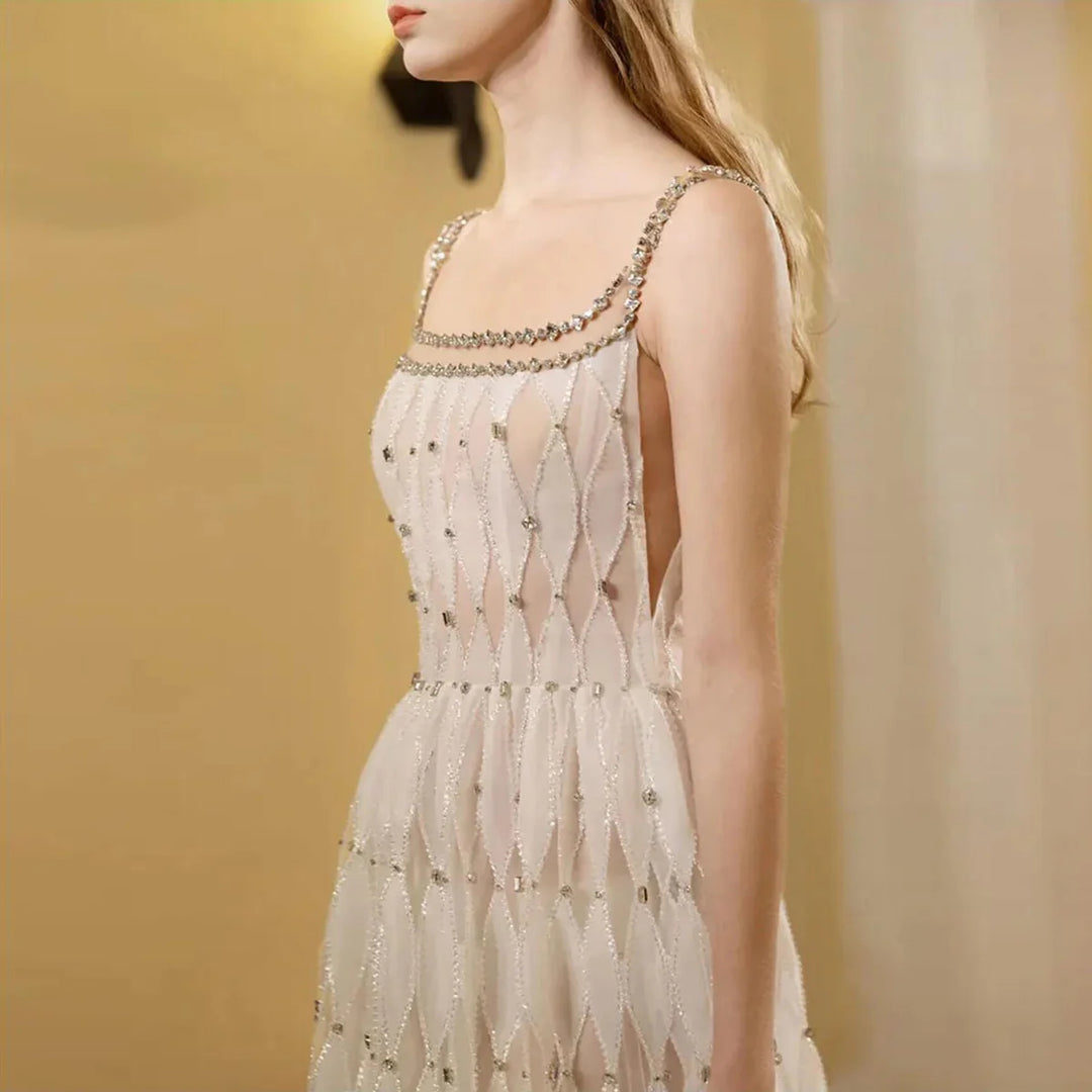 Elegant Crystal White Midi Square Neckline Dubai Evening Dress SS058