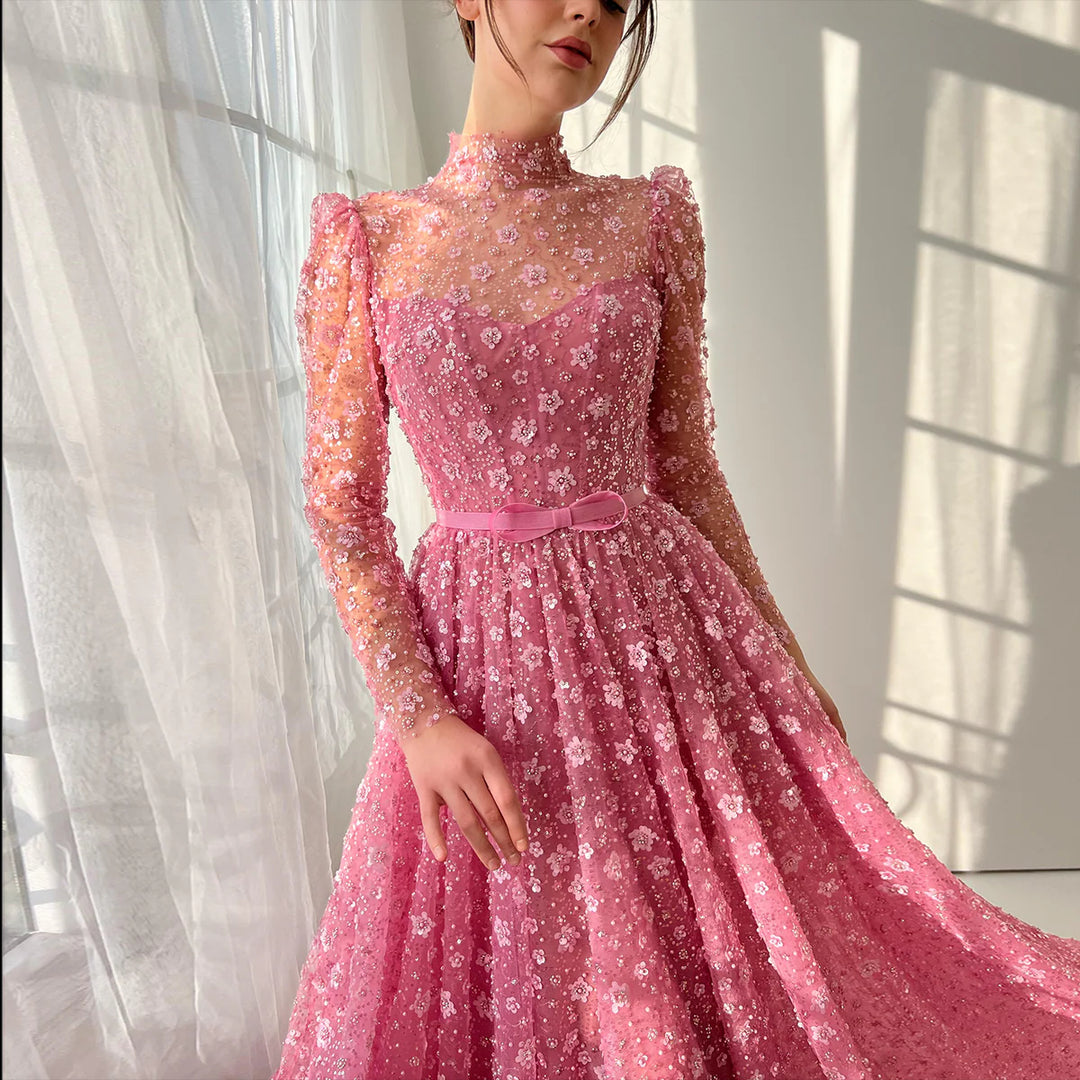 Romantic Pink 3D Floral Ruffled Evening Dress SS700