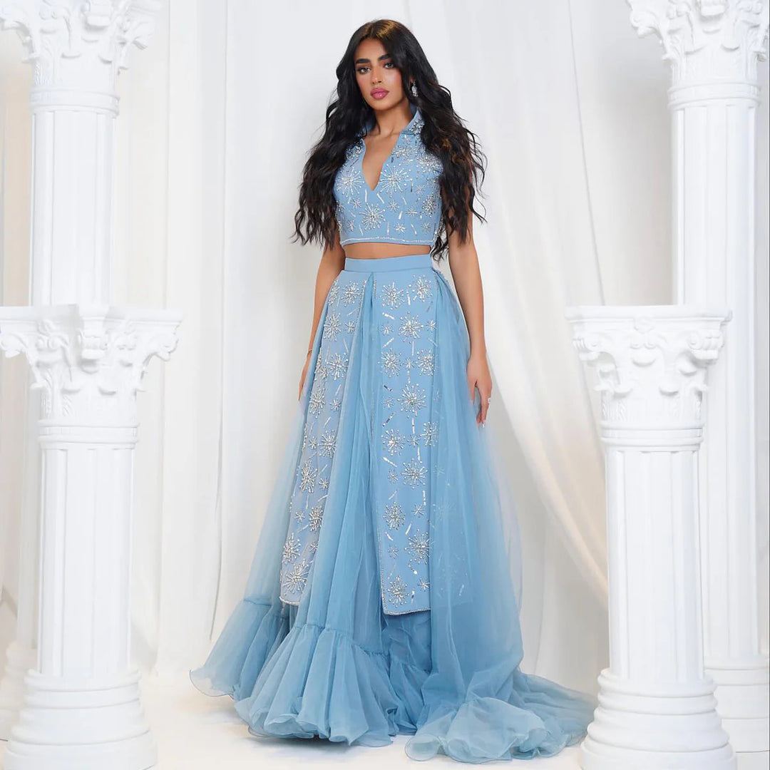 Elegant Blue Two-Piece Beaded Evening Gown with Ruffle Skirt SS597