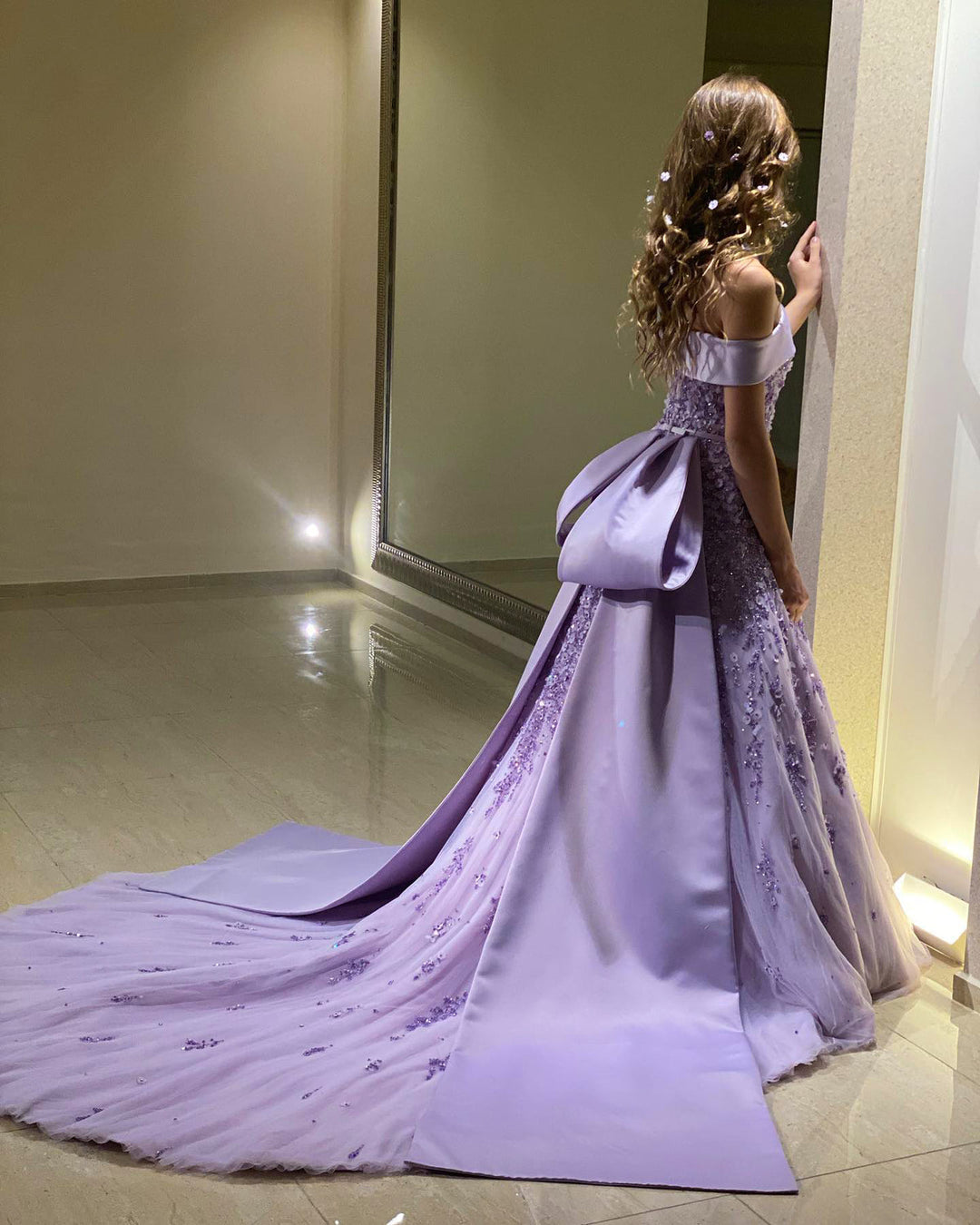 Luxury Lilac Mermaid Evening Dress with Sparkling Beads and Overskirt SS556