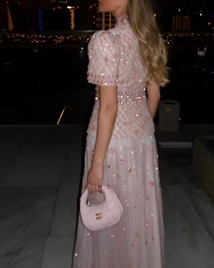 Luxury Pink Two Pieces Evening Dress with Crystals SS546