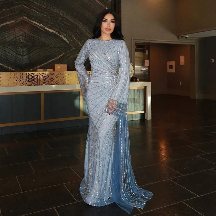 Luxury Gray Blue Long Sleeve Evening Dress with Swirl Beading SS113