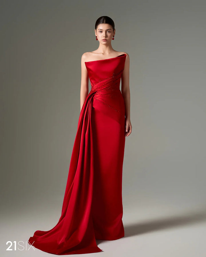 Elegant Red Satin Evening Dress with Draped Side Train SF514