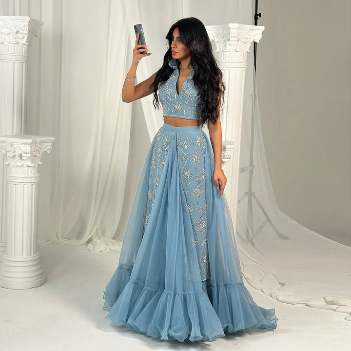 Elegant Blue Two-Piece Beaded Evening Gown with Ruffle Skirt SS597