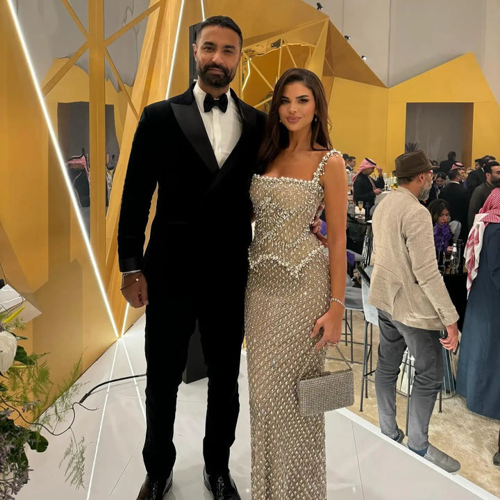 Luxury Silver Grey Evening Dress with Crystal Beading SS631