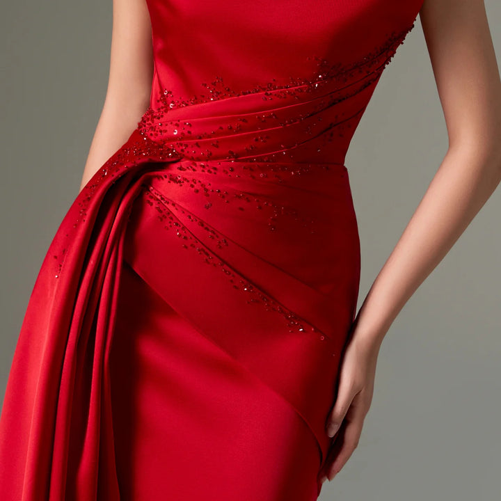 Elegant Red Satin Evening Dress with Draped Side Train SF514