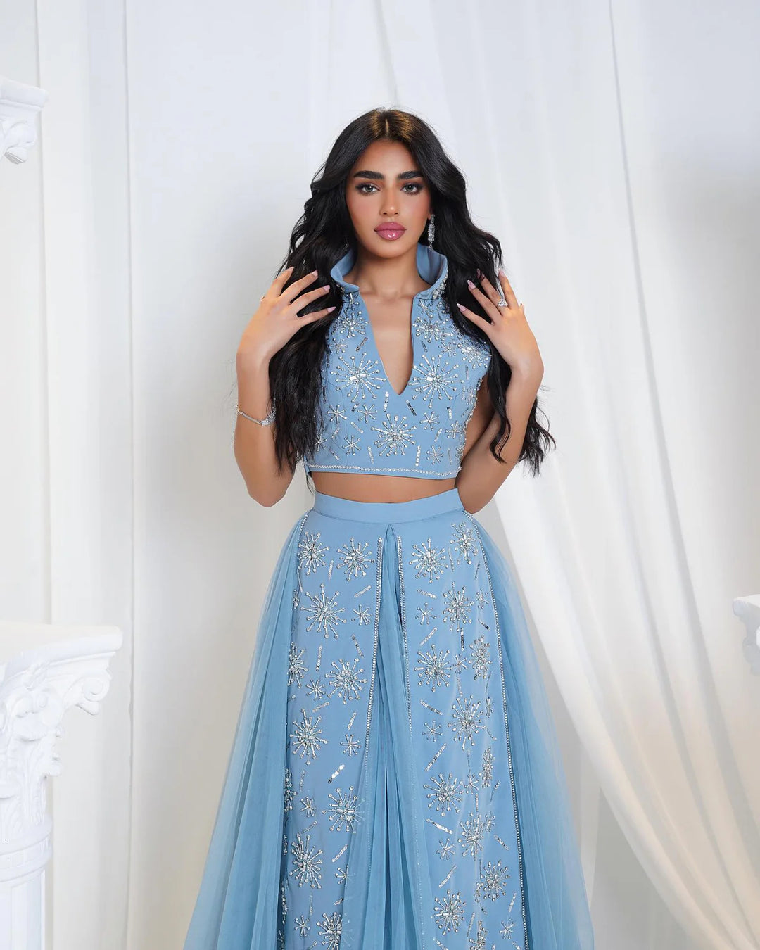 Elegant Blue Two-Piece Beaded Evening Gown with Ruffle Skirt SS597