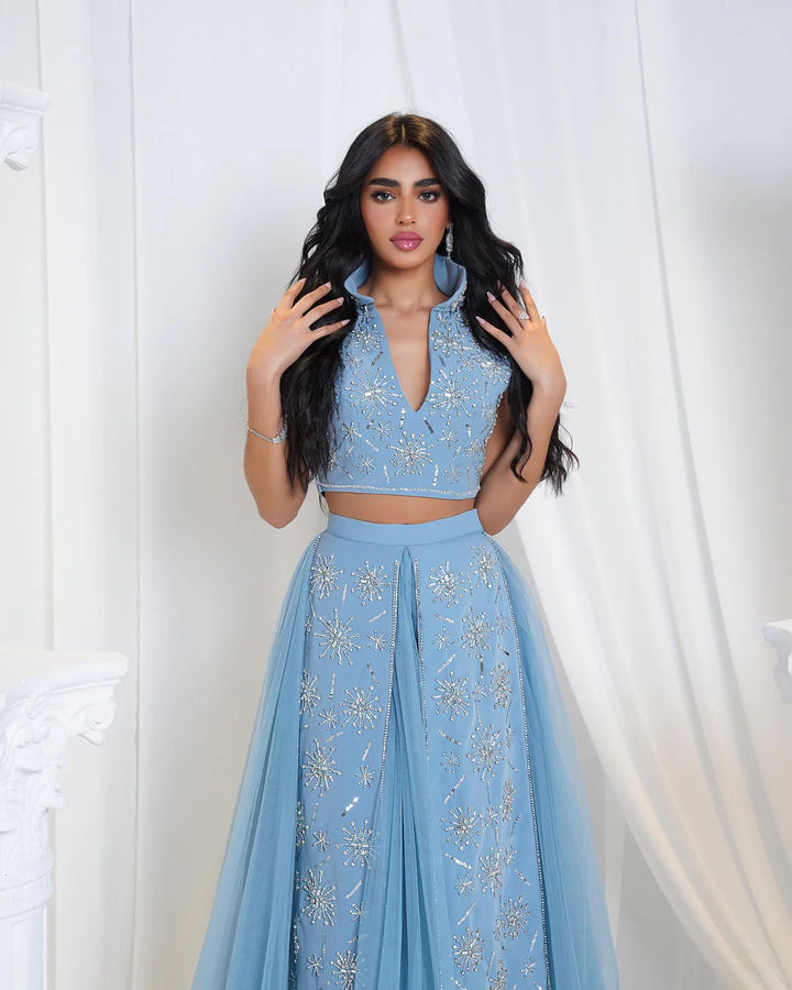 Elegant Blue Two-Piece Beaded Evening Gown with Ruffle Skirt SS597