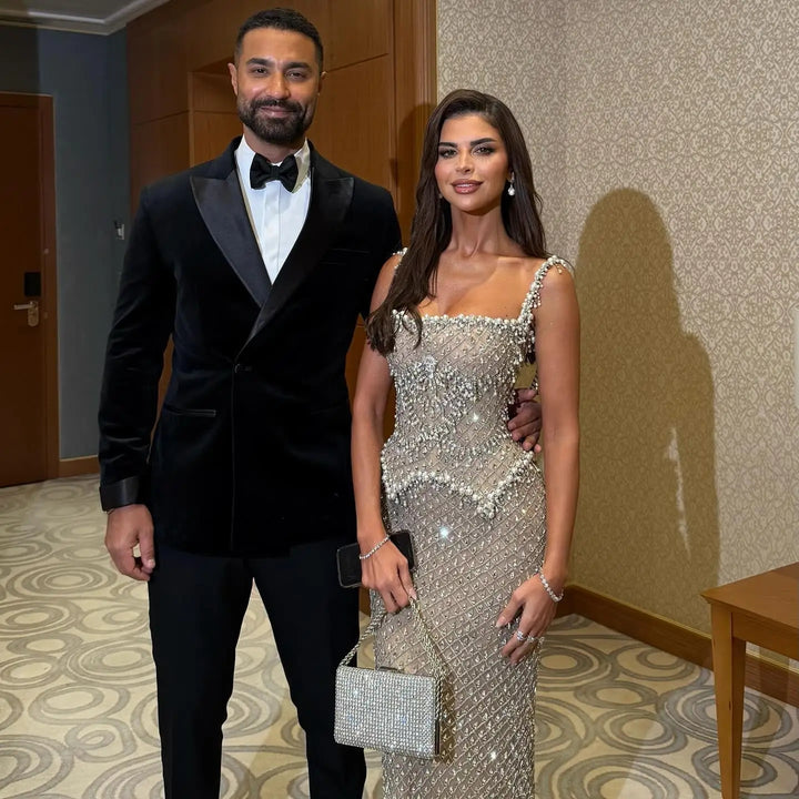 Luxury Silver Grey Evening Dress with Crystal Beading SS631