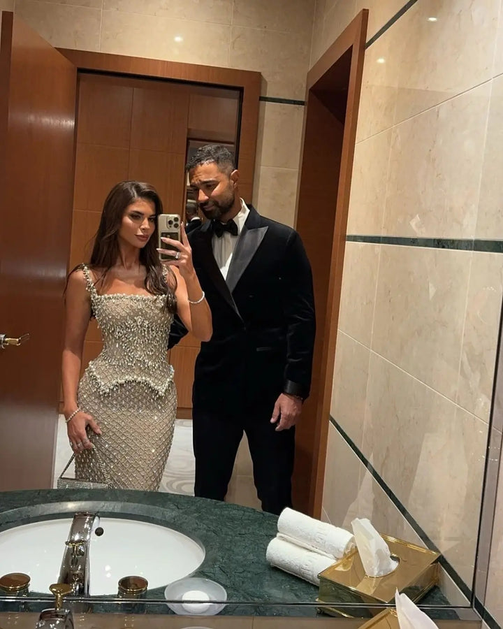 Luxury Silver Grey Evening Dress with Crystal Beading SS631