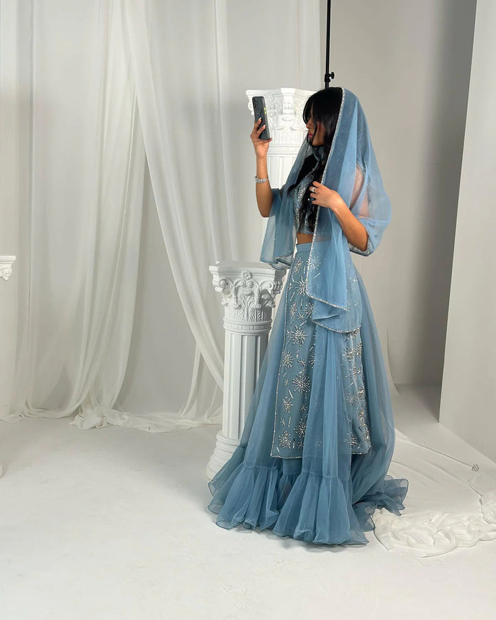 Elegant Blue Two-Piece Beaded Evening Gown with Ruffle Skirt SS597