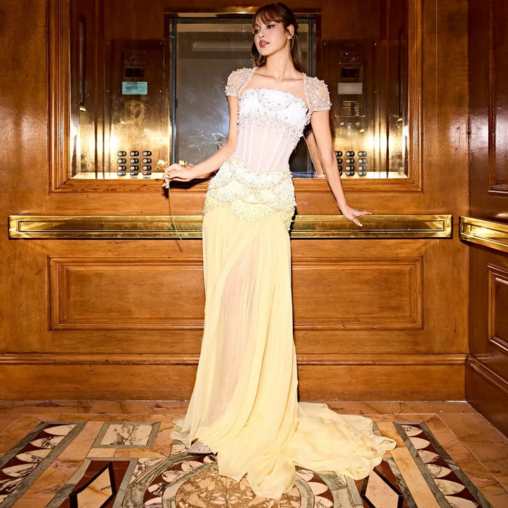 Luxury Pearls Tassel Blue Evening Dress with Flowing coat SS286