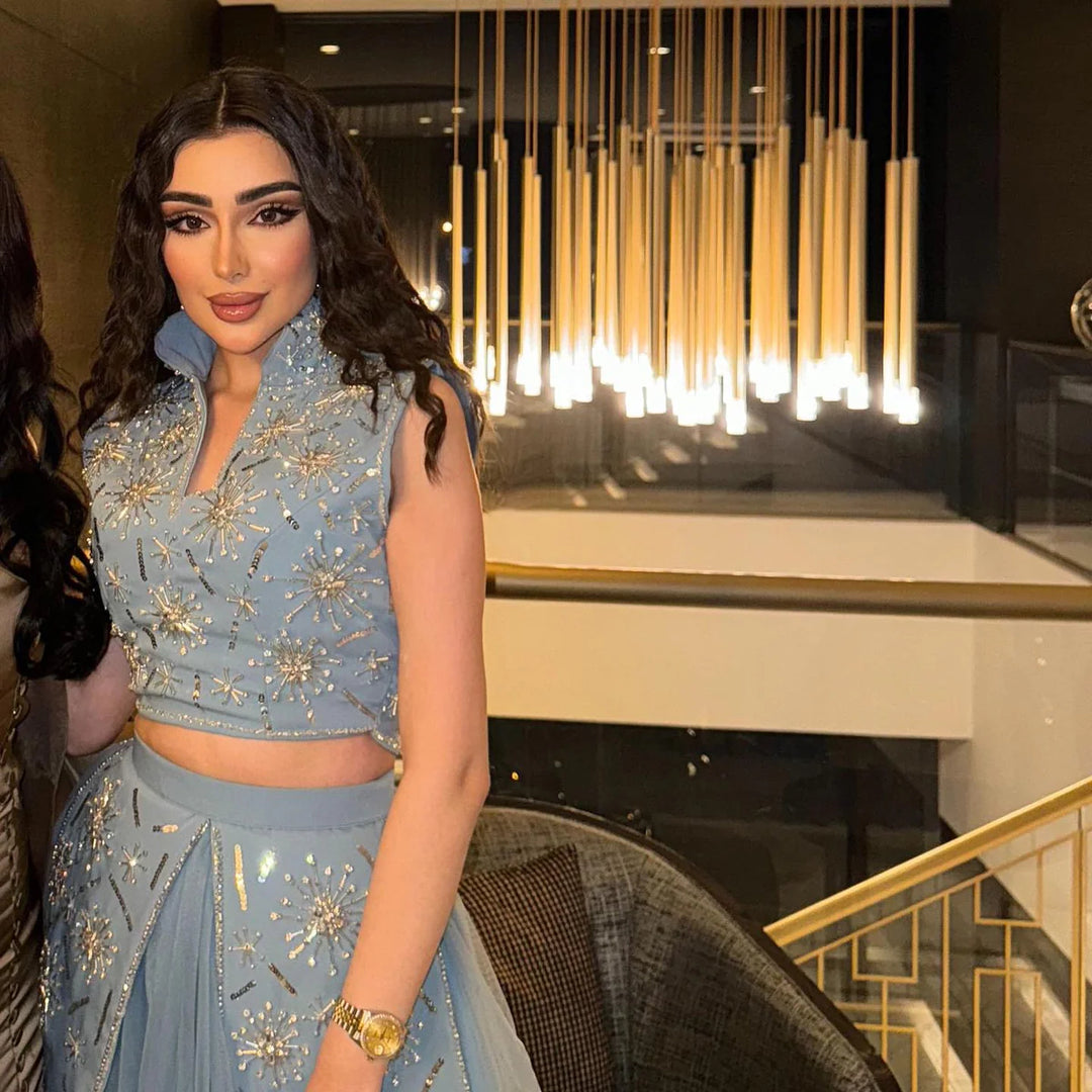 Elegant Blue Two-Piece Beaded Evening Gown with Ruffle Skirt SS597