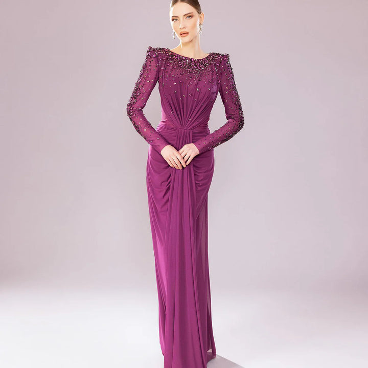 Glamorous Draped Evening Dress with Long Sleeves SS565