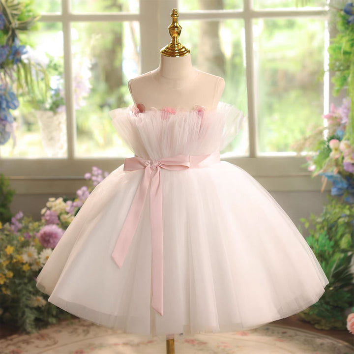 Pink Flower Girl Dress Applique Feather Tulle Keen Length J563