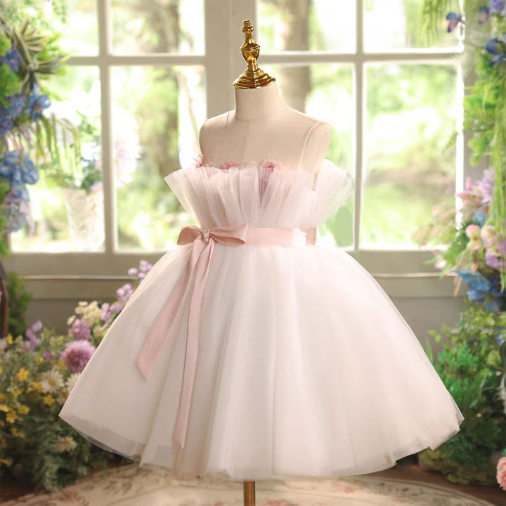 Pink Flower Girl Dress Applique Feather Tulle Keen Length J563