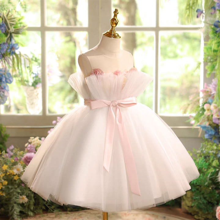 Pink Flower Girl Dress Applique Feather Tulle Keen Length J563
