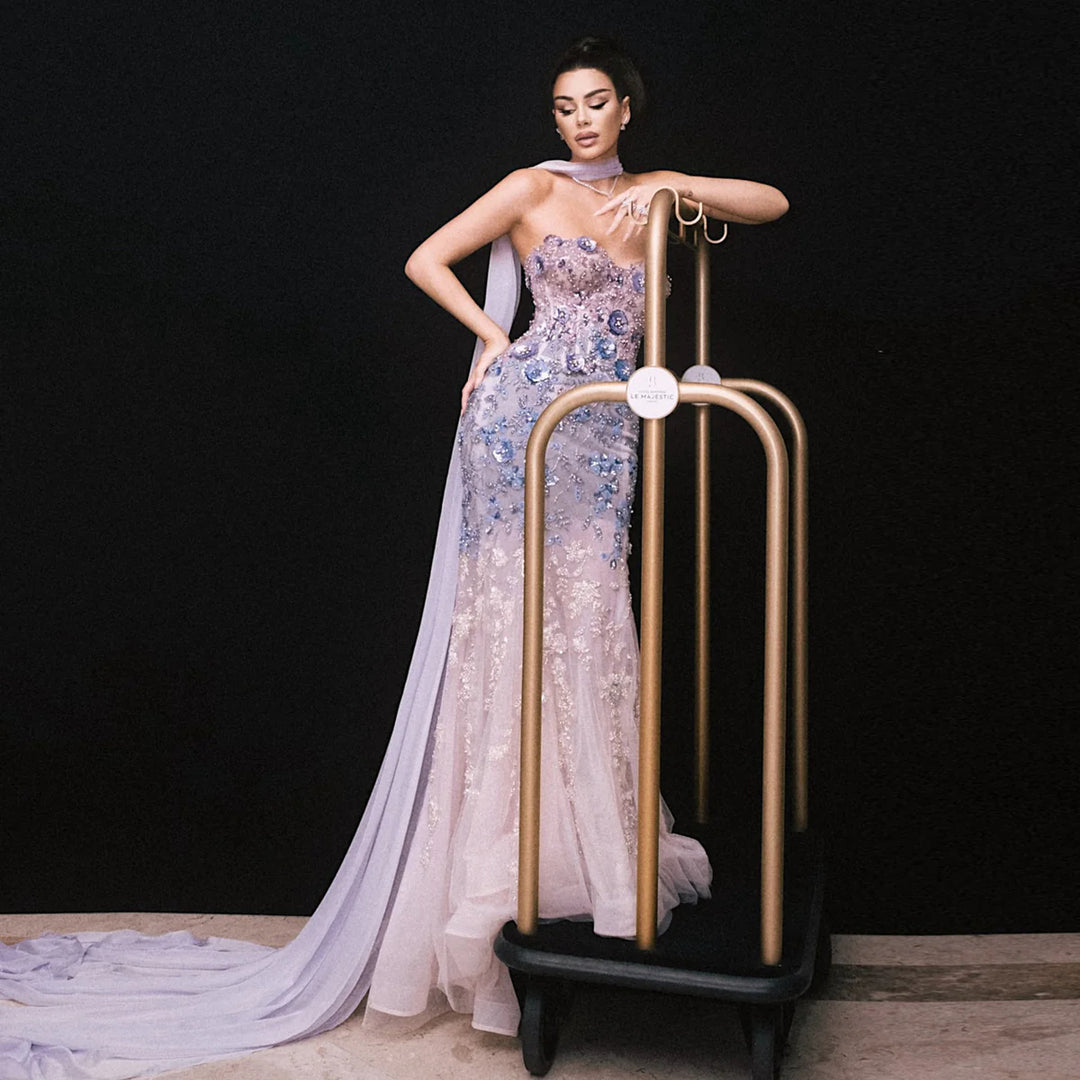 Elegant Lilac Crystal Beaded Evening Dress with Flowing Cape SS641