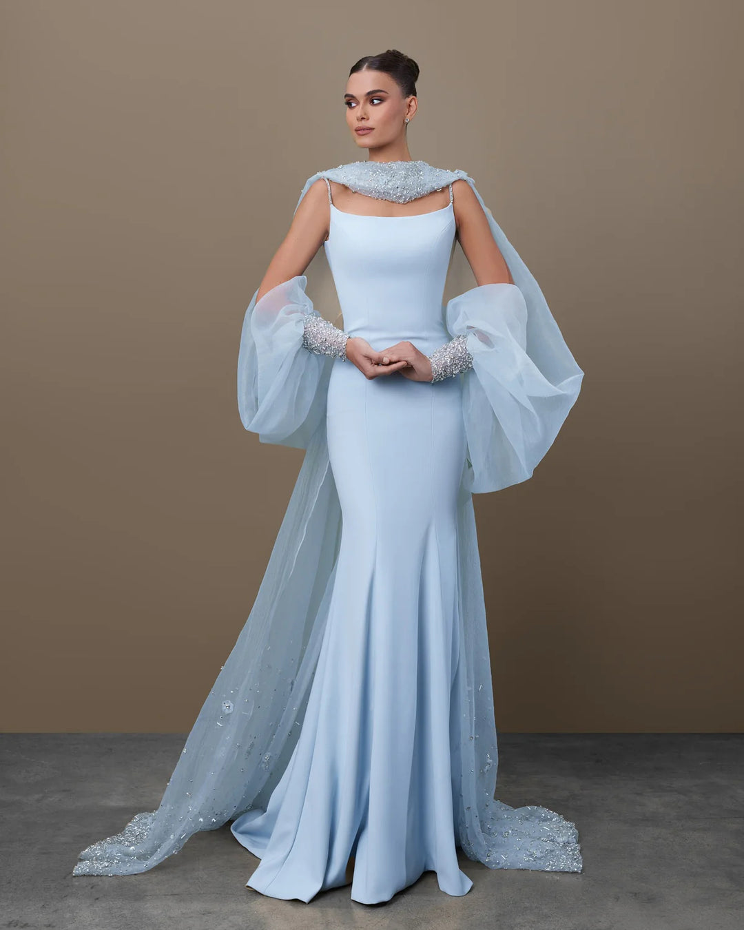Dreamy Light Blue Satin with Sheer Cape Sleeves Evening Dress SS261